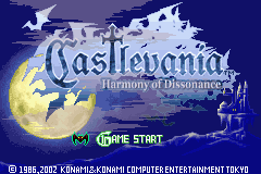 Castlevania Harmony of Dissonance title screen for GameBoy Advance
